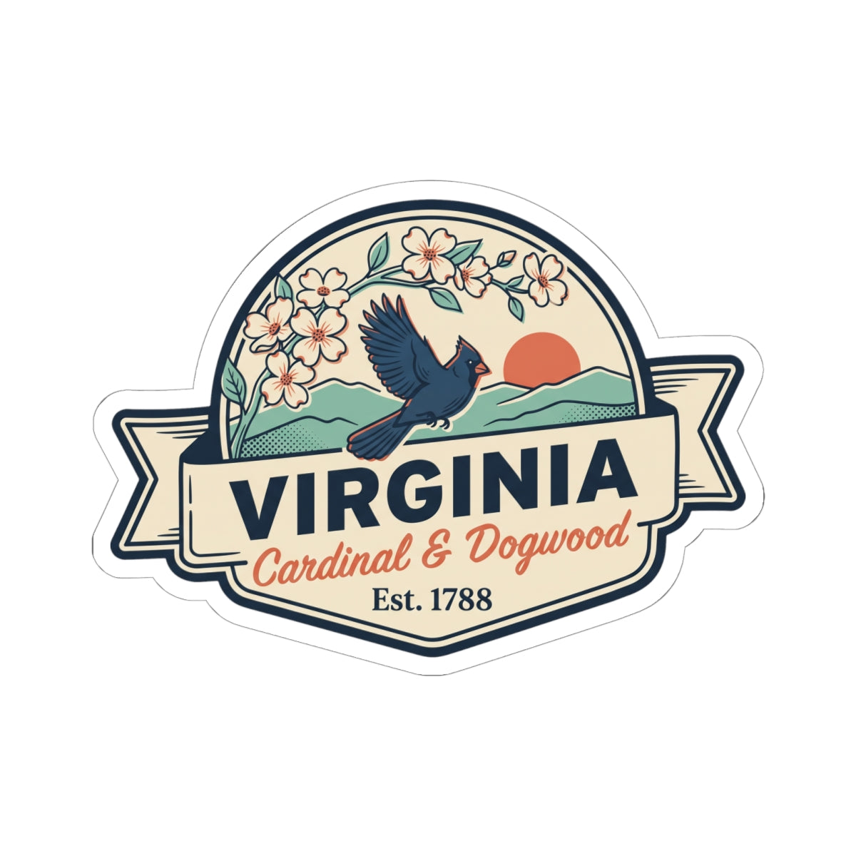 Virginia badge decal sticker with ribbon banner, blue cardinal, and Est. 1788