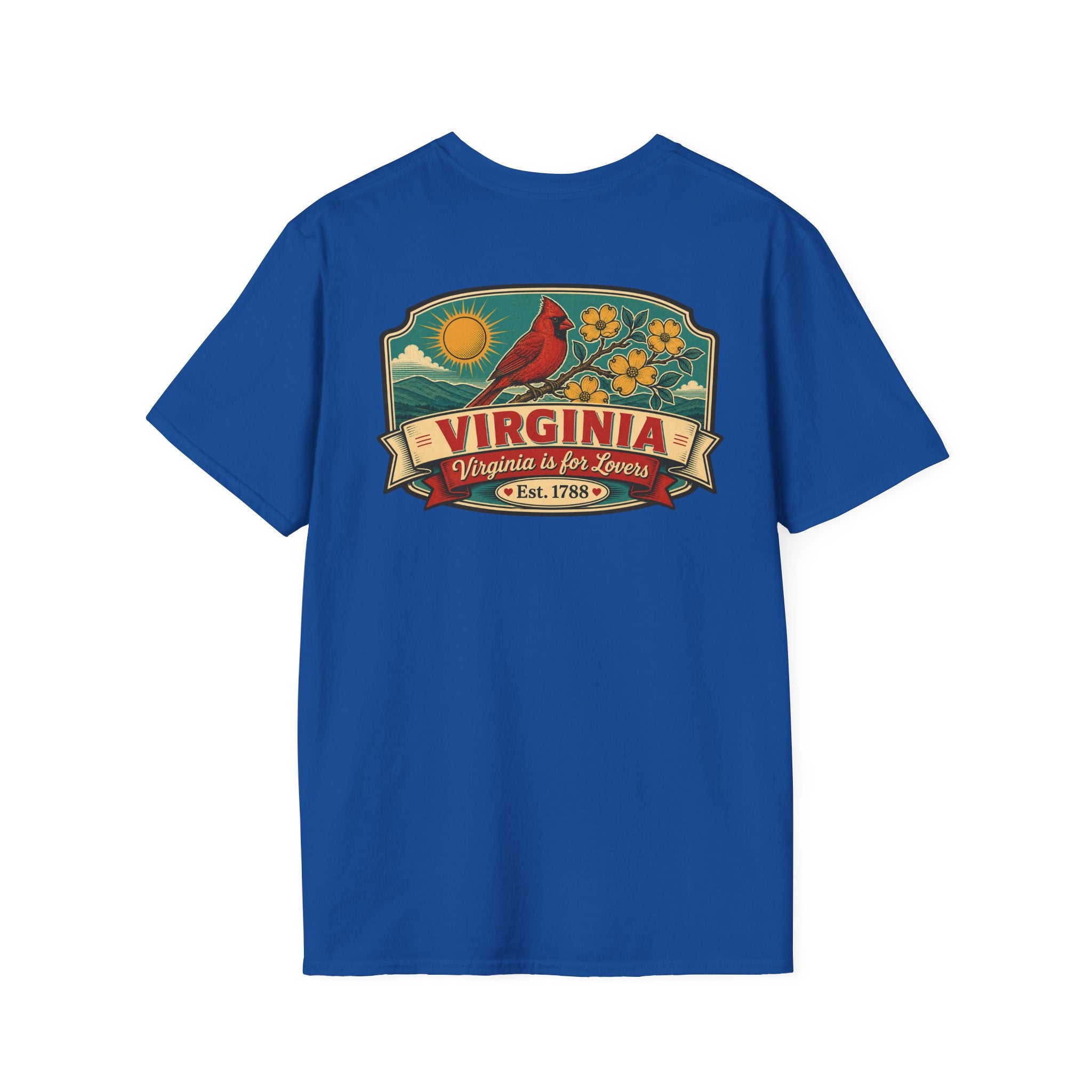 Royal blue T-shirt with Virginia travel graphic and cardinal bird print