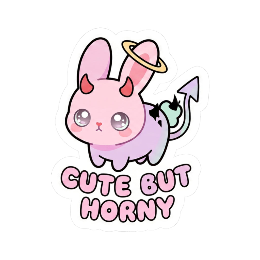 Cute but horny demon bunny kiss-cut sticker featuring halo ring and bold pink text