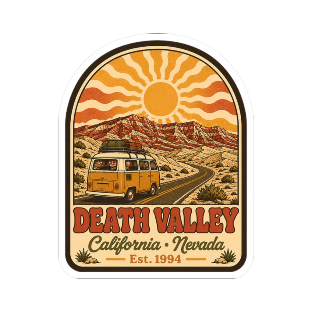 Arch kiss-cut sticker featuring yellow vintage van, desert sun, and “California Nevada” text