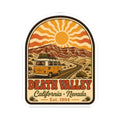 Arch kiss-cut sticker featuring yellow vintage van, desert sun, and “California Nevada” text