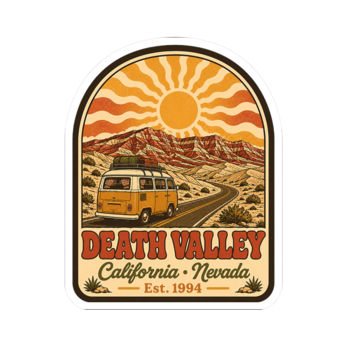 Arch kiss-cut sticker featuring yellow vintage van, desert sun, and “California Nevada” text