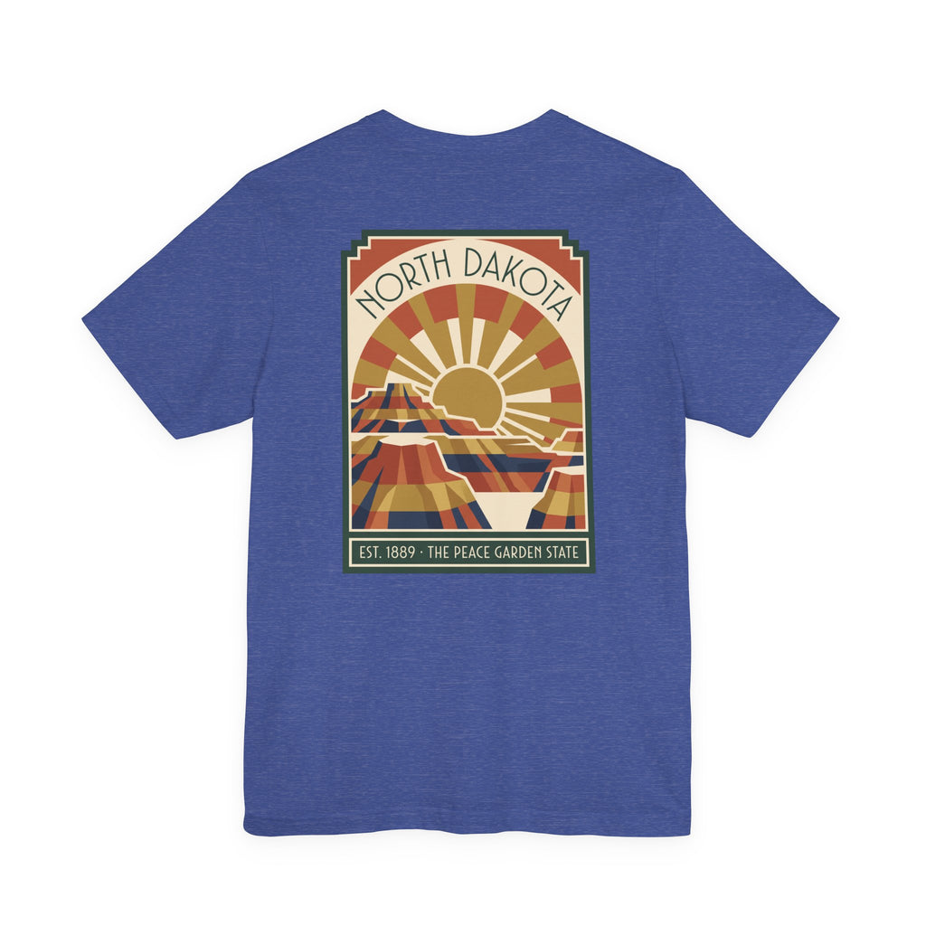 Blue T-shirt with framed North Dakota sunburst graphic, EST. 1889