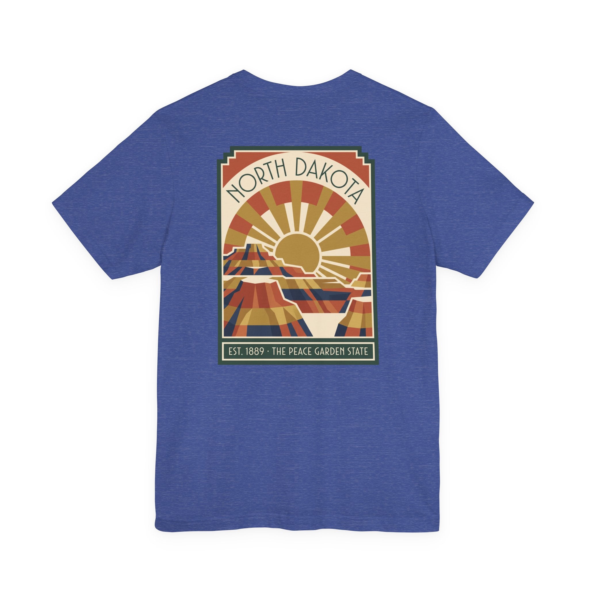 Blue T-shirt with framed North Dakota sunburst graphic, EST. 1889