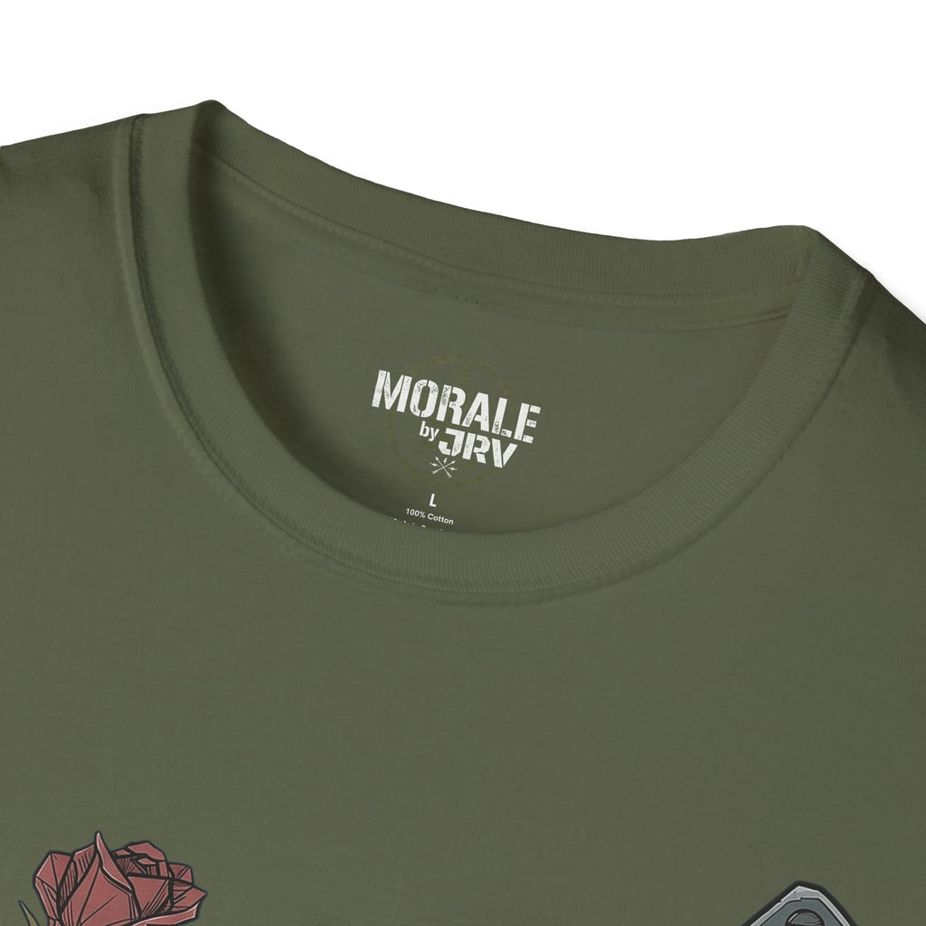 Olive green T-shirt neckline logo, close-up with partial front graphic