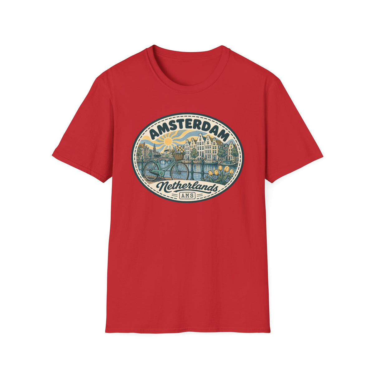 Amsterdam Vintage Cityscape T-Shirt | Netherlands Bicycle Canal Tulips