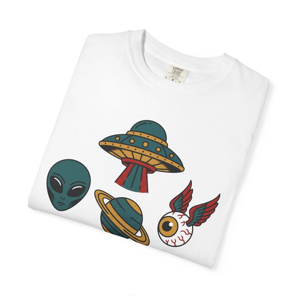 White crewneck T-shirt with alien, UFO, and winged cat chest graphic