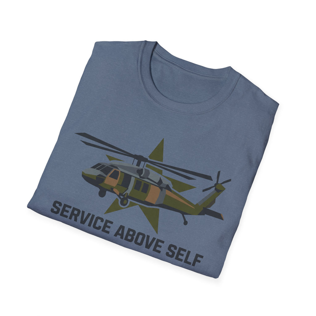 Crewneck t-shirt in slate blue with printed military helicopter and "SERVICE ABOVE SELF" text