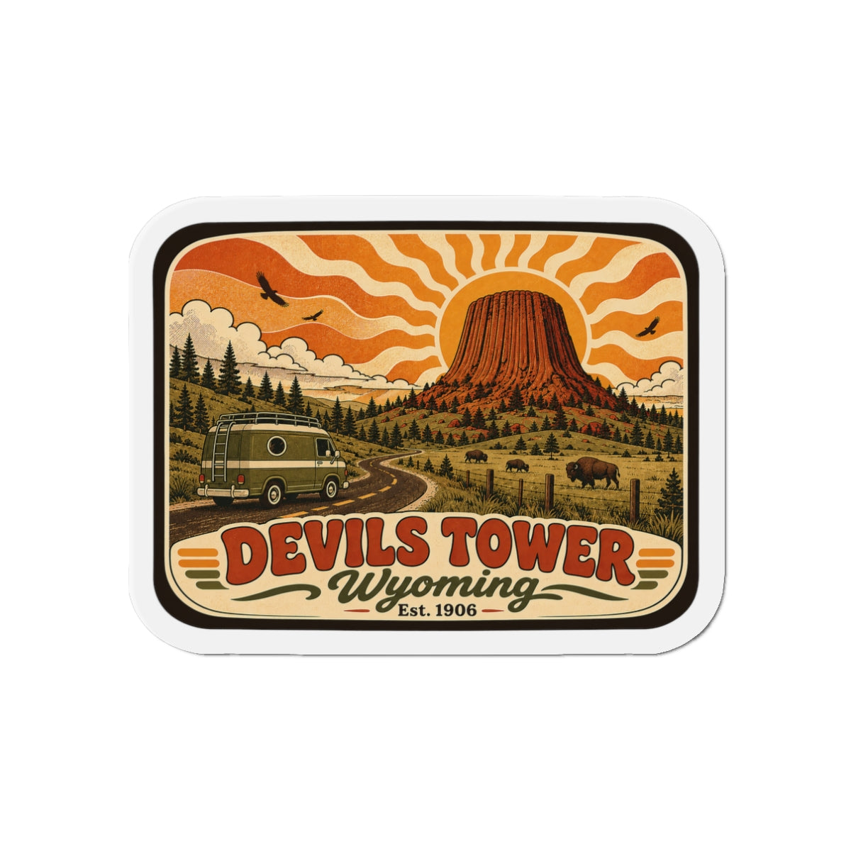 Die-cut Devils Tower Wyoming retro fridge magnet, desert landscape with orange mound illustration