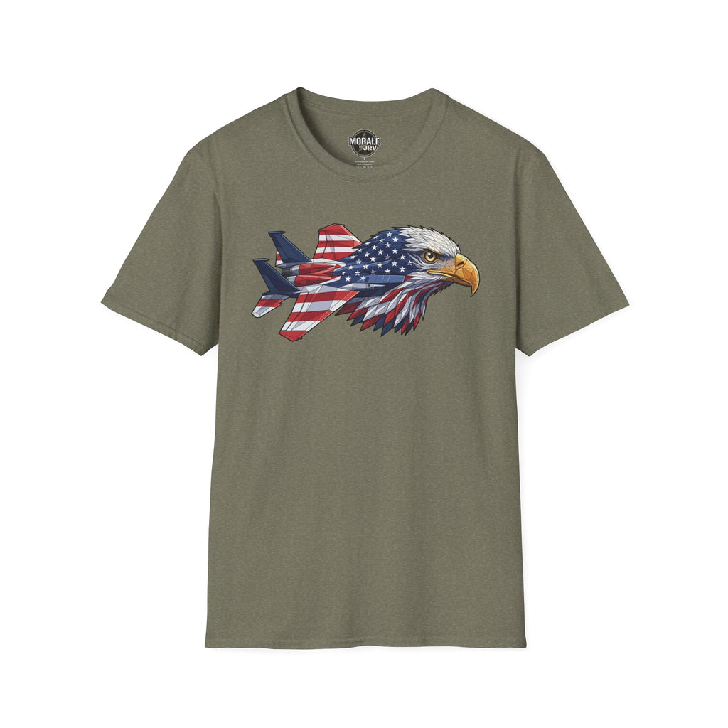 Patriotic eagle graphic T-shirt (military green) with plane and American flag design