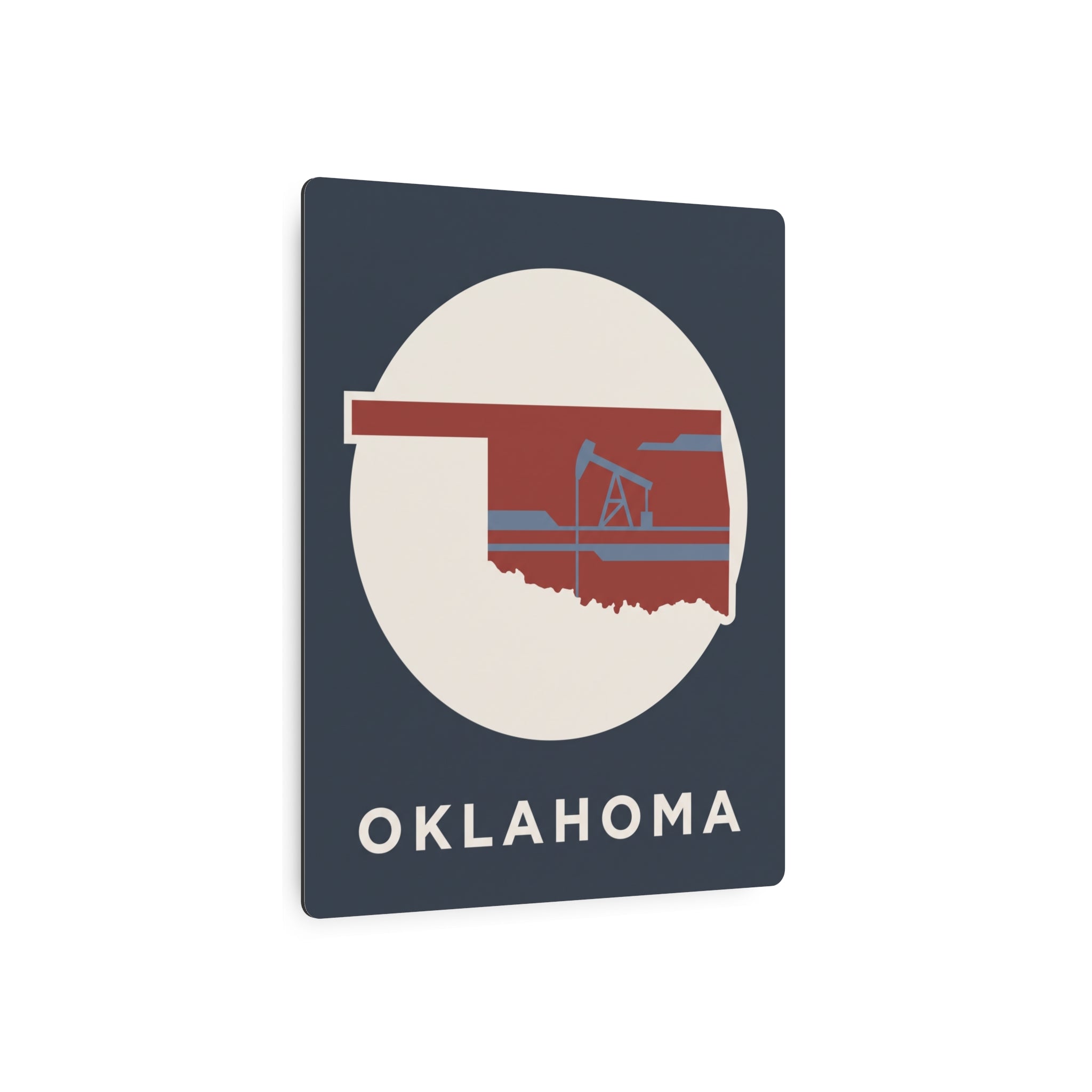 Oklahoma metal wall sign with dark backing, circular emblem, oil rig graphic, and “OKLAHOMA”