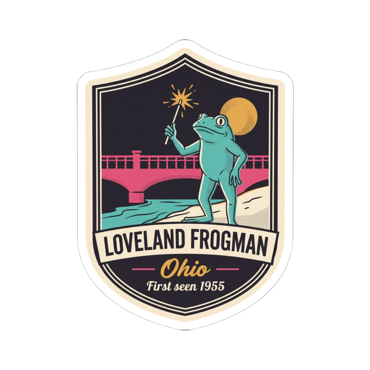 Kiss-cut Frogman badge sticker with teal frog holding a starburst near a yellow moon