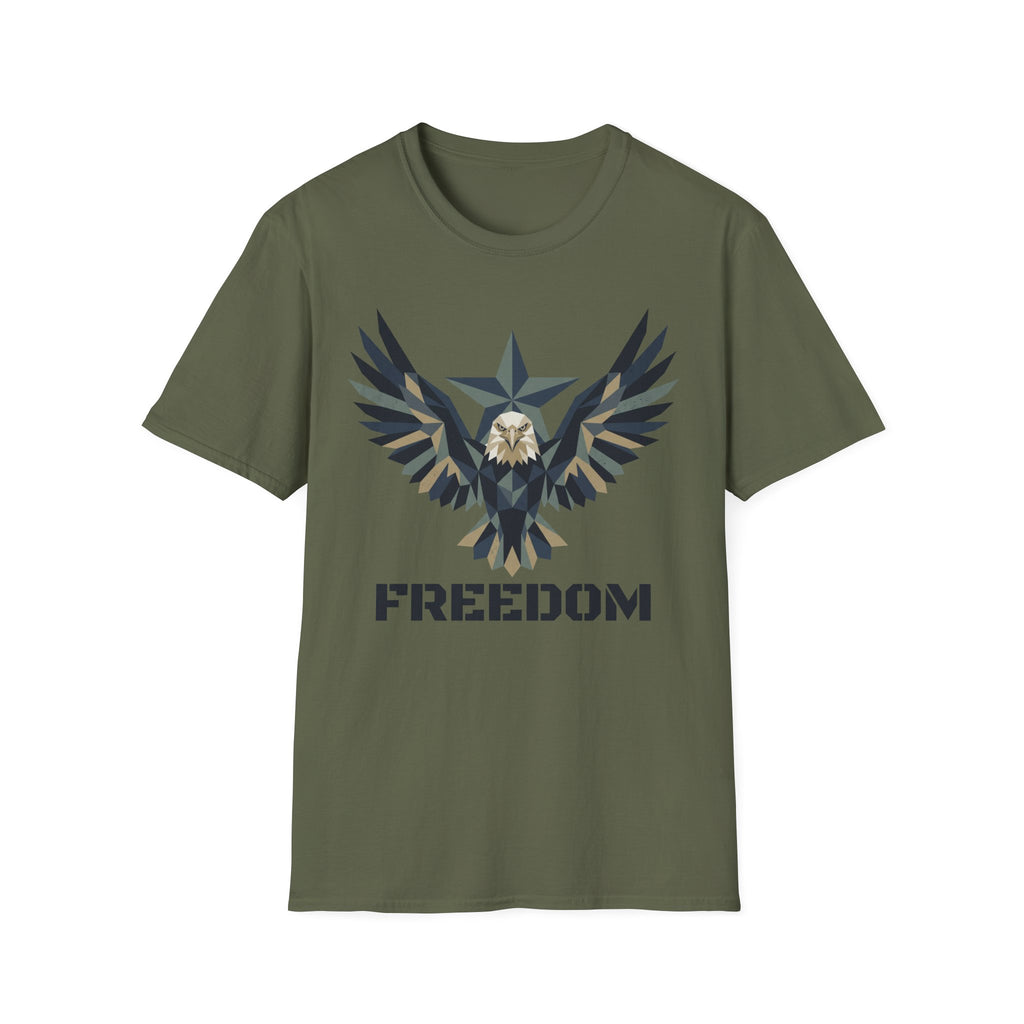 Dark olive green eagle camo graphic T-shirt with winged emblem and “FREEDOM” text