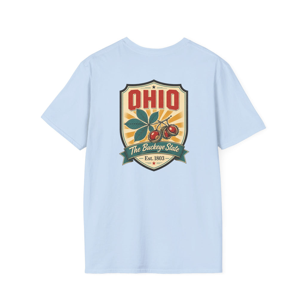 Light blue Ohio souvenir T-shirt with large Ohio crest graphic on the chest