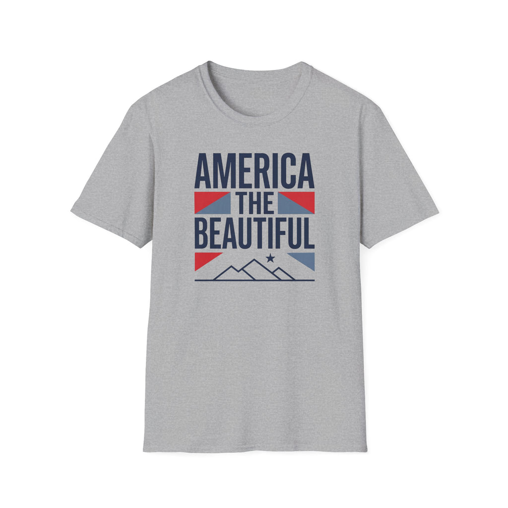 Sport grey T-shirt front with “America the Beautiful” patriotic graphic