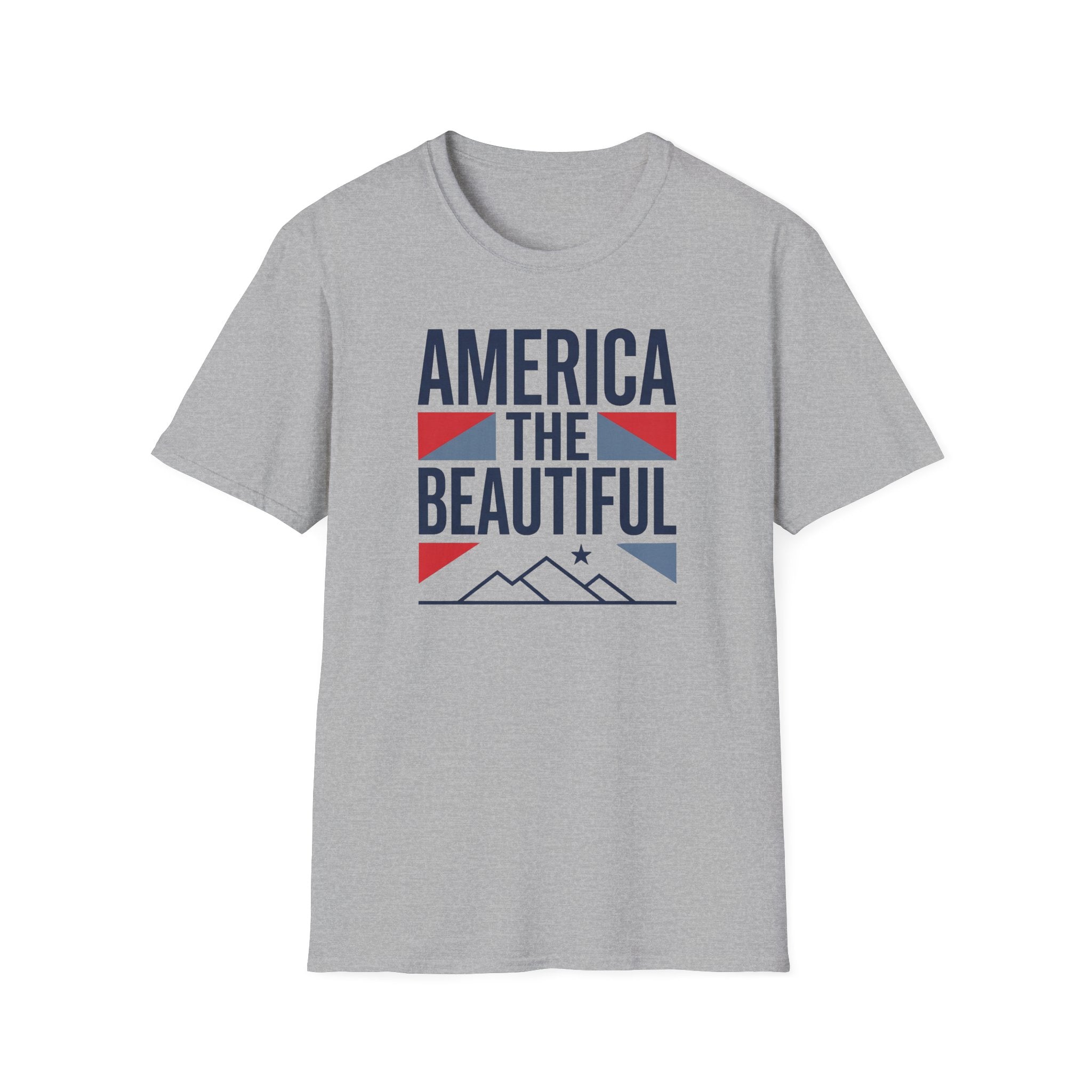 Sport grey T-shirt front with “America the Beautiful” patriotic graphic