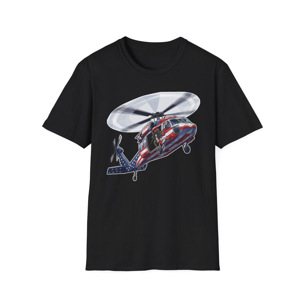 Black rescue helicopter T-shirt with colorful helicopter graphic on the chest