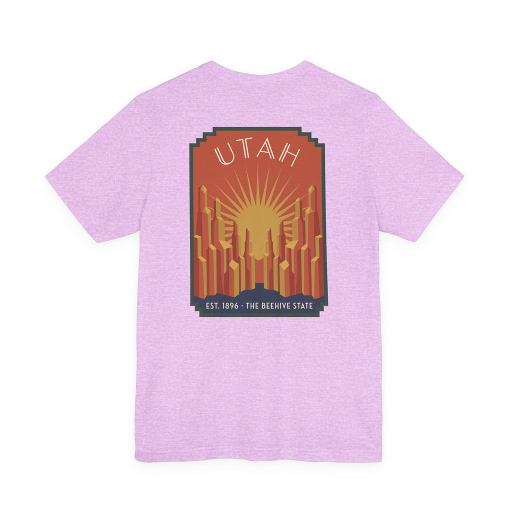 Lavender t-shirt with square art deco Utah skyline sunrise graphic on chest