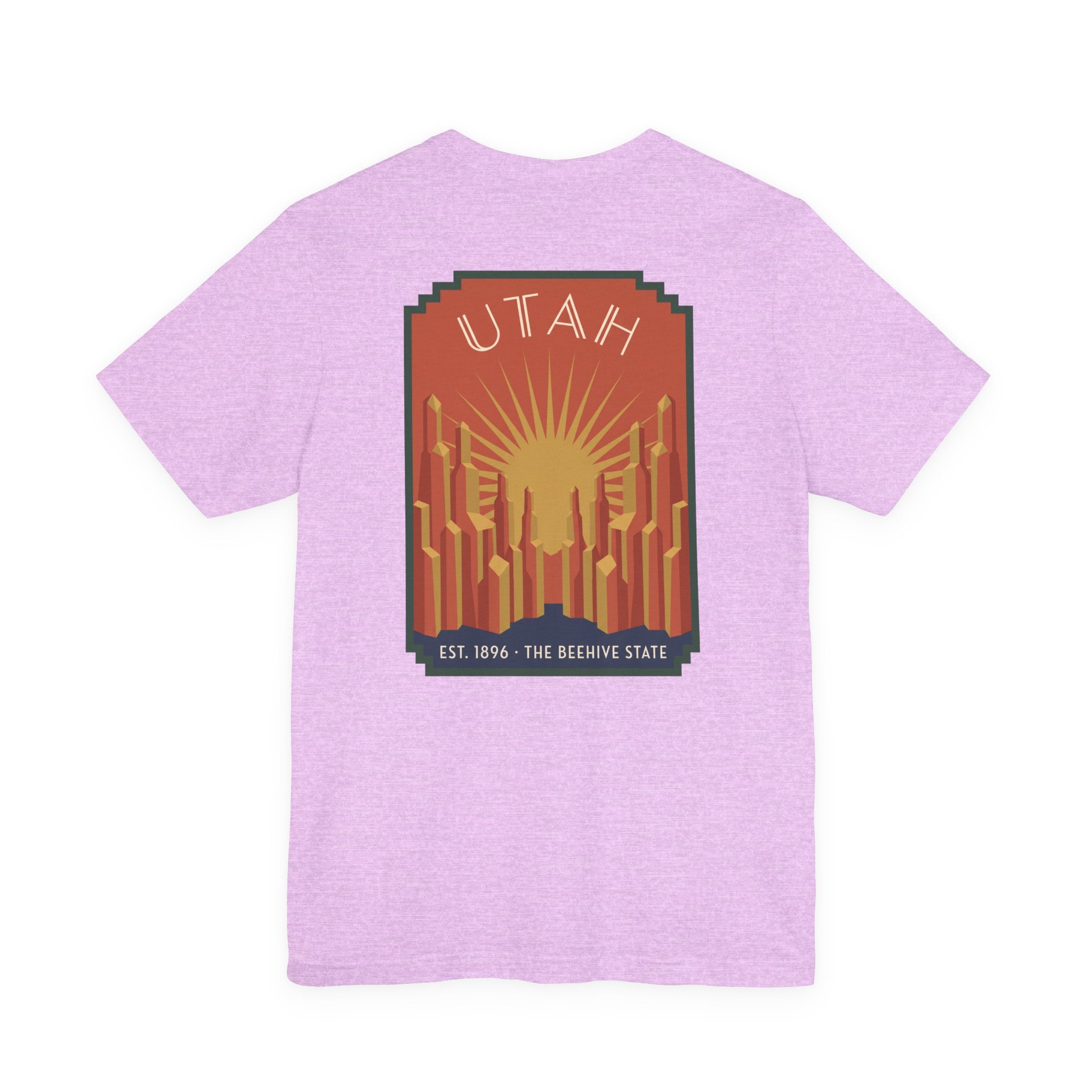 Lavender t-shirt with square art deco Utah skyline sunrise graphic on chest