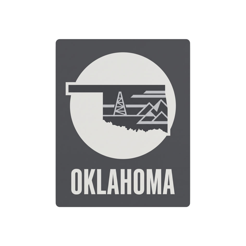 Oklahoma wall metal art sign with white circle oil rig graphic and OKLAHOMA text
