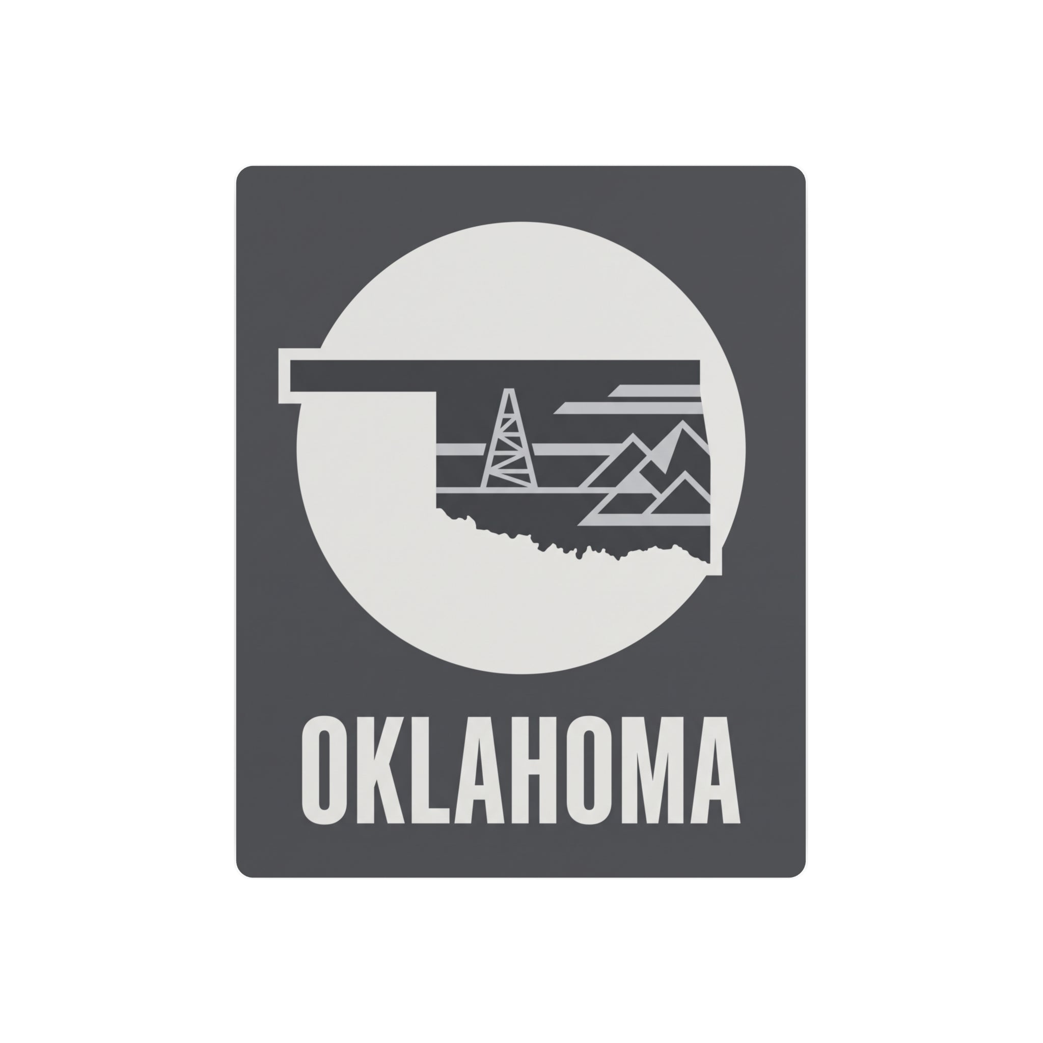 Oklahoma wall metal art sign with white circle oil rig graphic and OKLAHOMA text