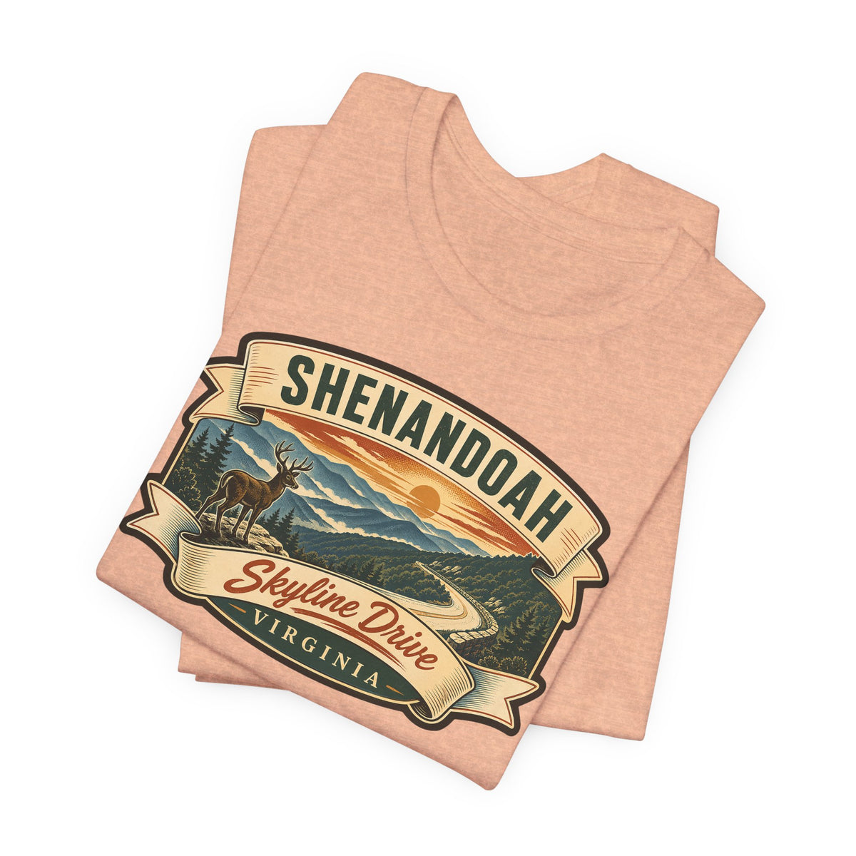 Peach vintage badge T-shirt with Shenandoah Skyline Drive graphic