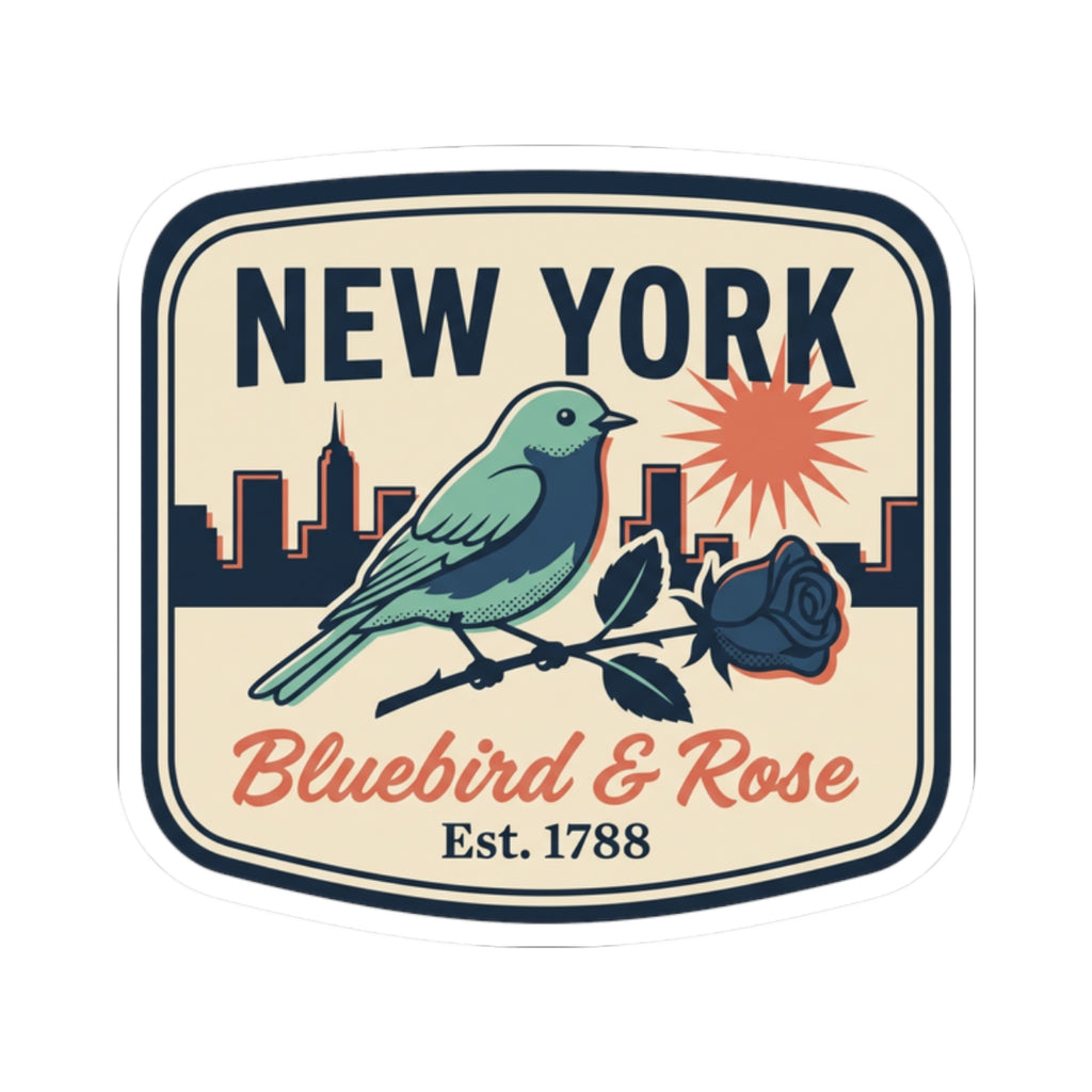 Die-cut travel badge sticker featuring NEW YORK, bluebird, rose, and Est. 1788