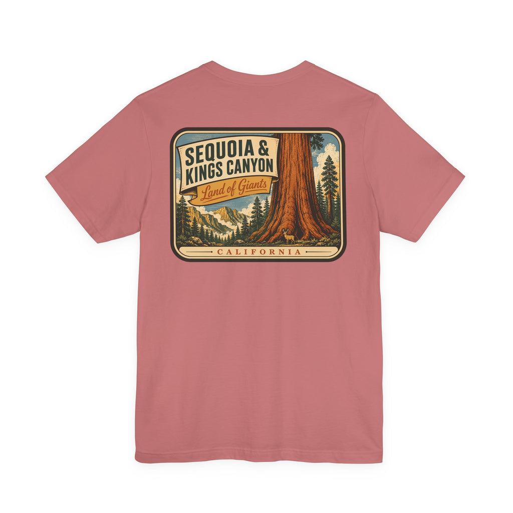 Rose T-shirt with centered back graphic sign: Sequoia & Kings Canyon, California