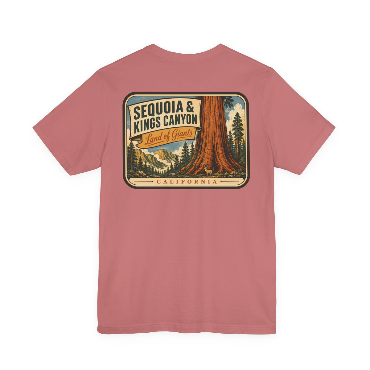 Rose T-shirt with centered back graphic sign: Sequoia & Kings Canyon, California