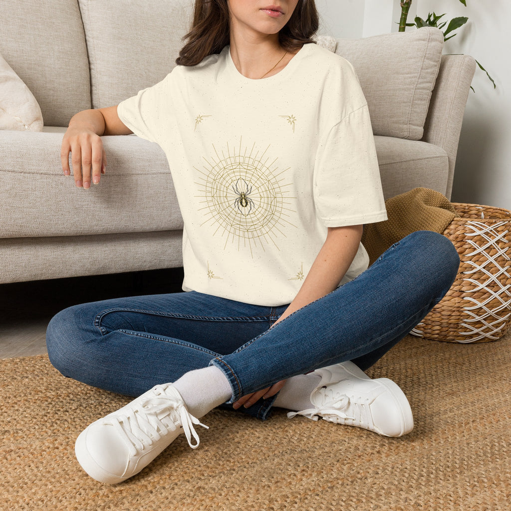 Light cream spider mandala graphic T-shirt with short sleeves and crew neck