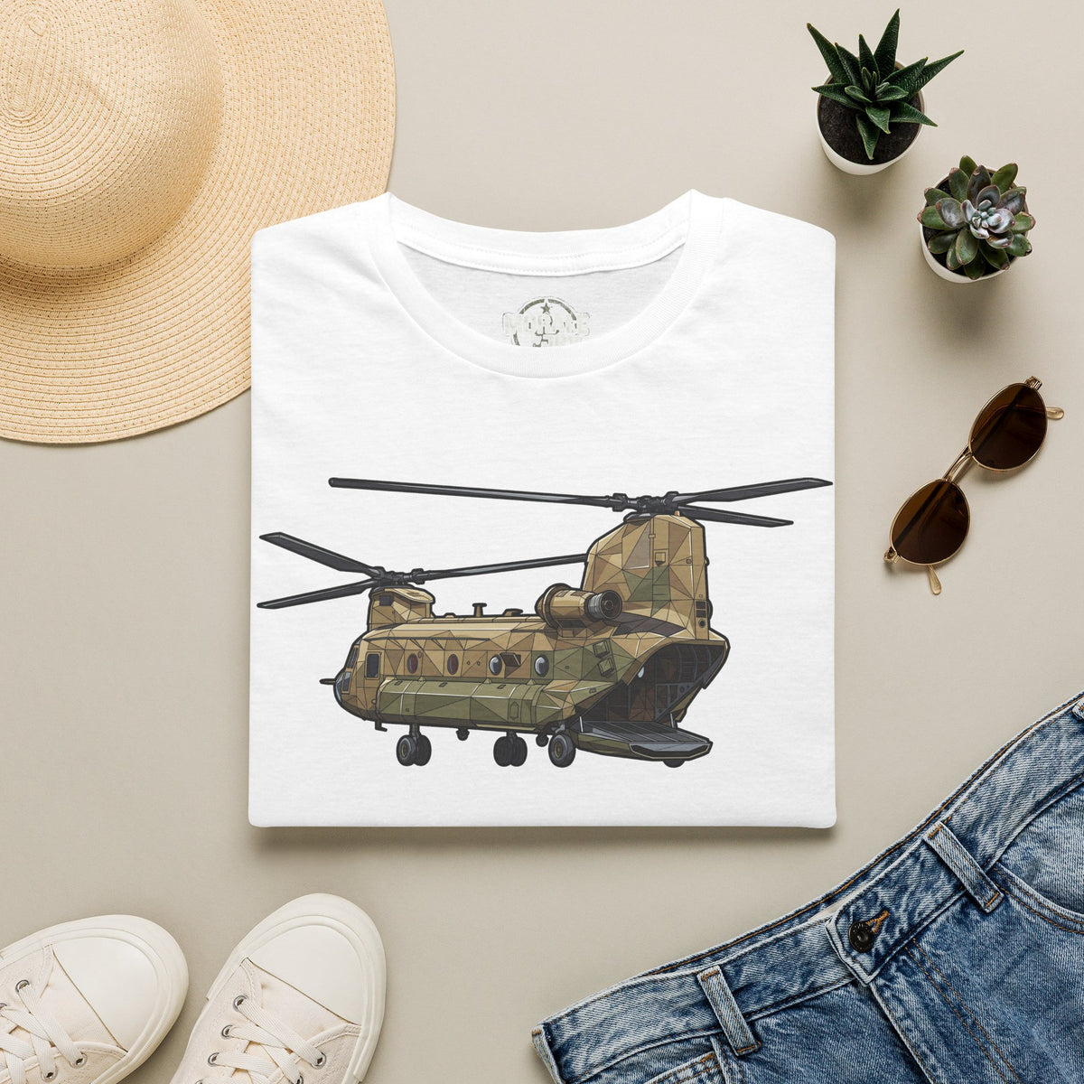 CH-47 Chinook helicopter graphic T-shirt in white with camouflage print