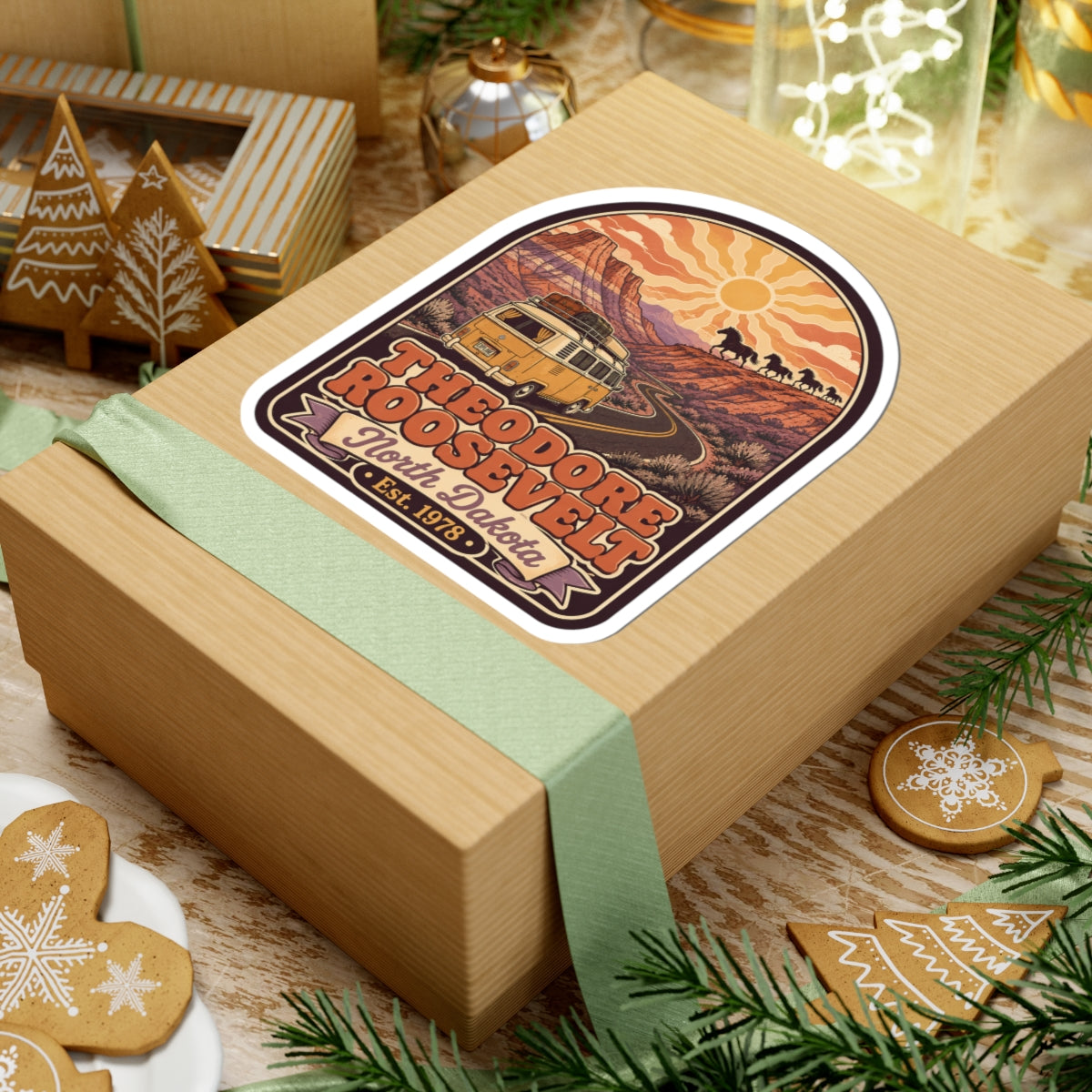 Kiss-cut sticker on wrapped gift, vintage camper van desert landscape with Theodore Roosevelt text