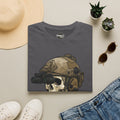 Dark gray tactical skull T-shirt with helmet and rifle graphic on the chest