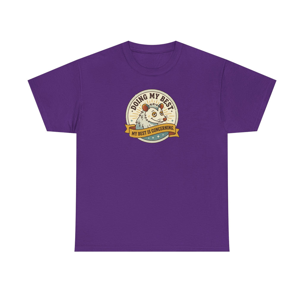 Purple sloth graphic T-shirt with round badge-style front print
