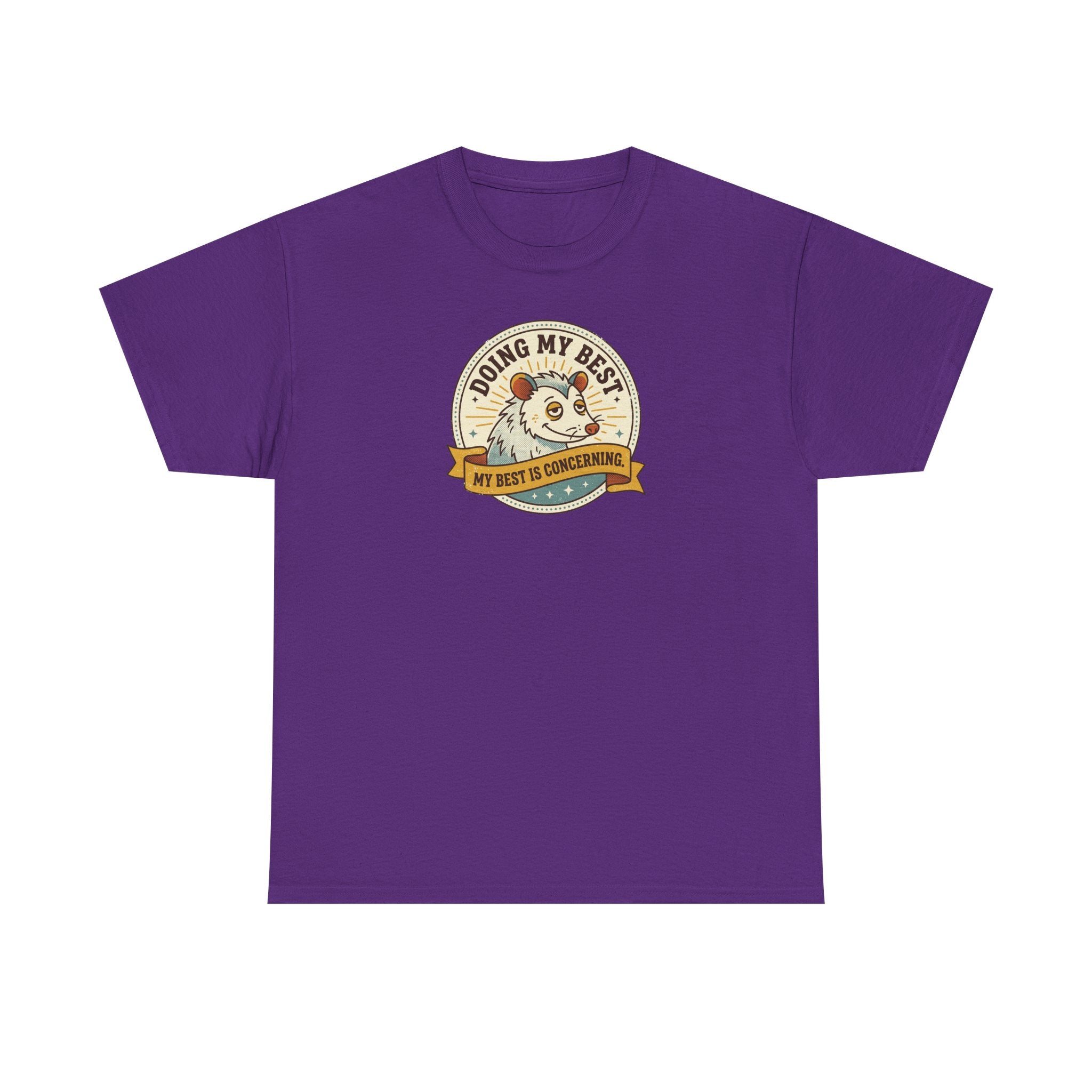 Purple sloth graphic T-shirt with round badge-style front print