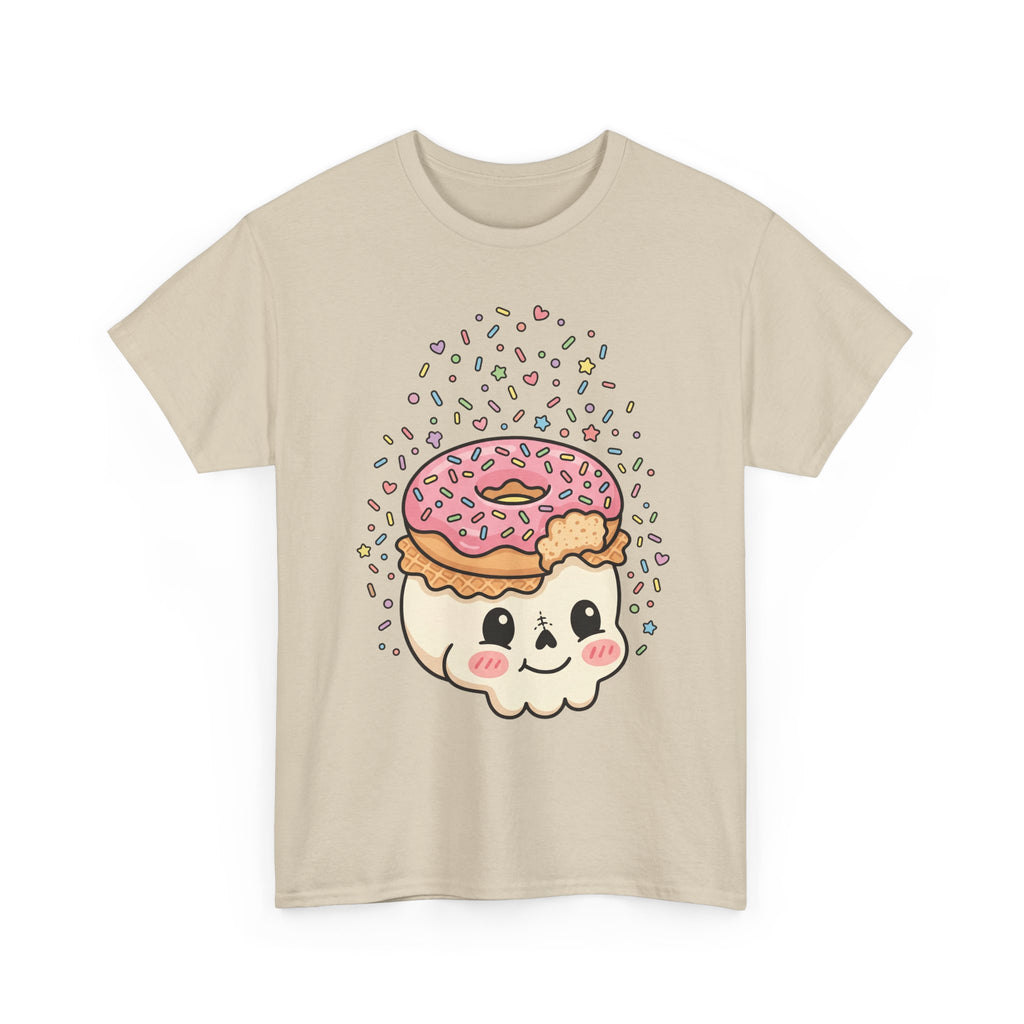 Natural T-shirt with donut skull face graphic and sprinkles around it.