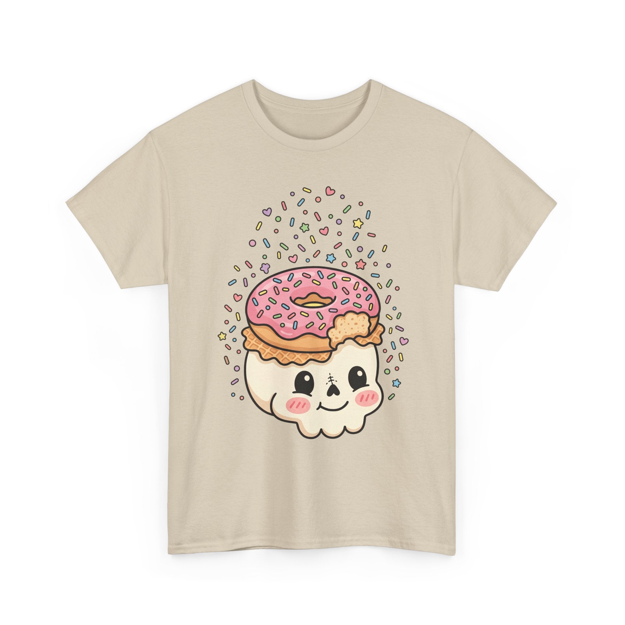 Natural T-shirt with donut skull face graphic and sprinkles around it.