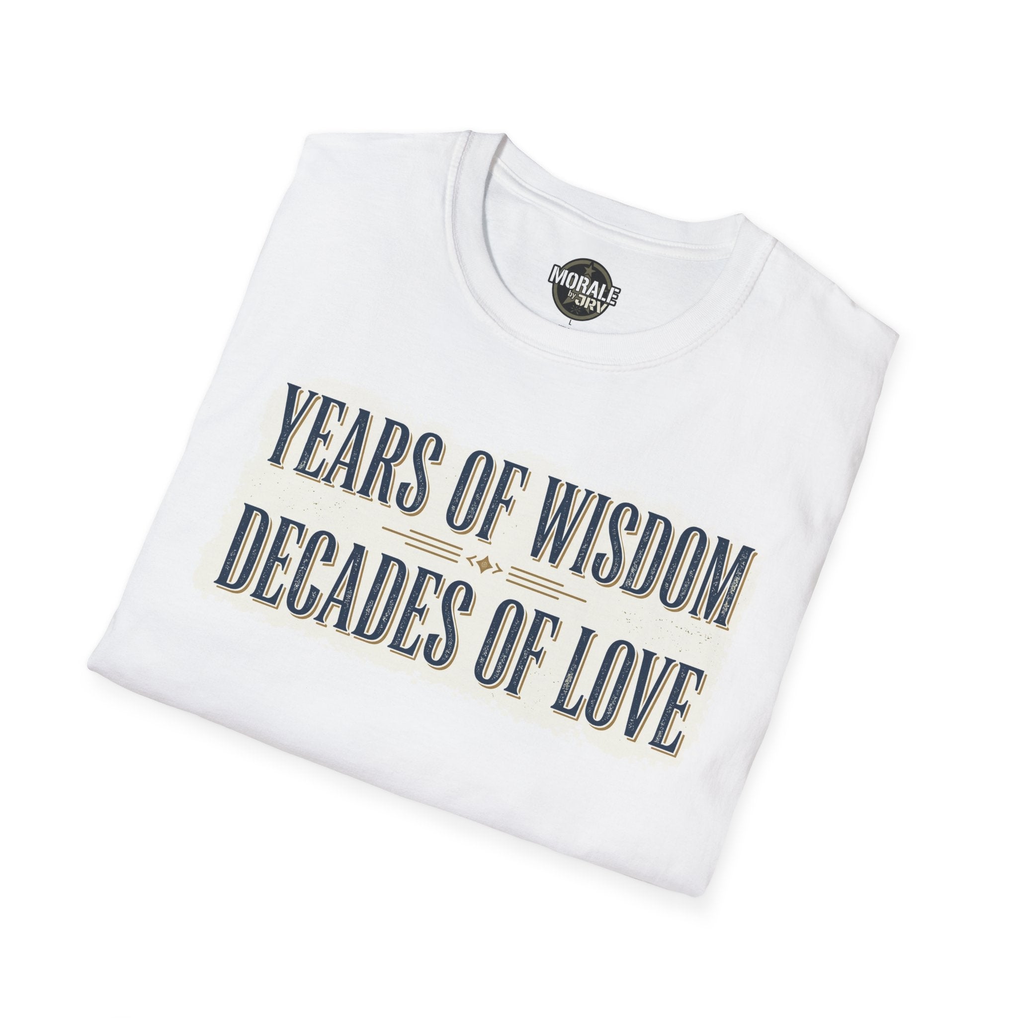 White T-shirt with “Years of Wisdom, Decades of Love” quote print at chest