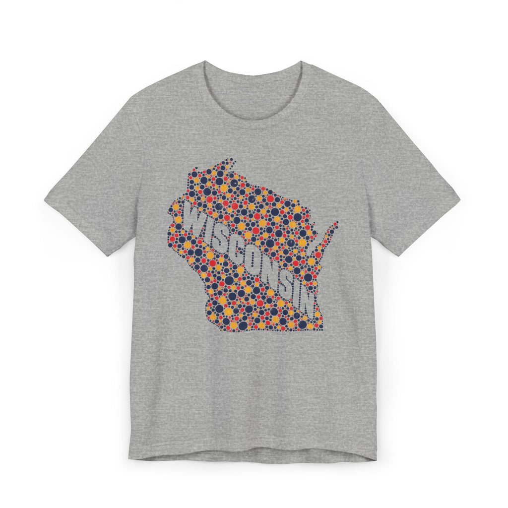 Heather gray Wisconsin map graphic t-shirt with colorful floral dot design