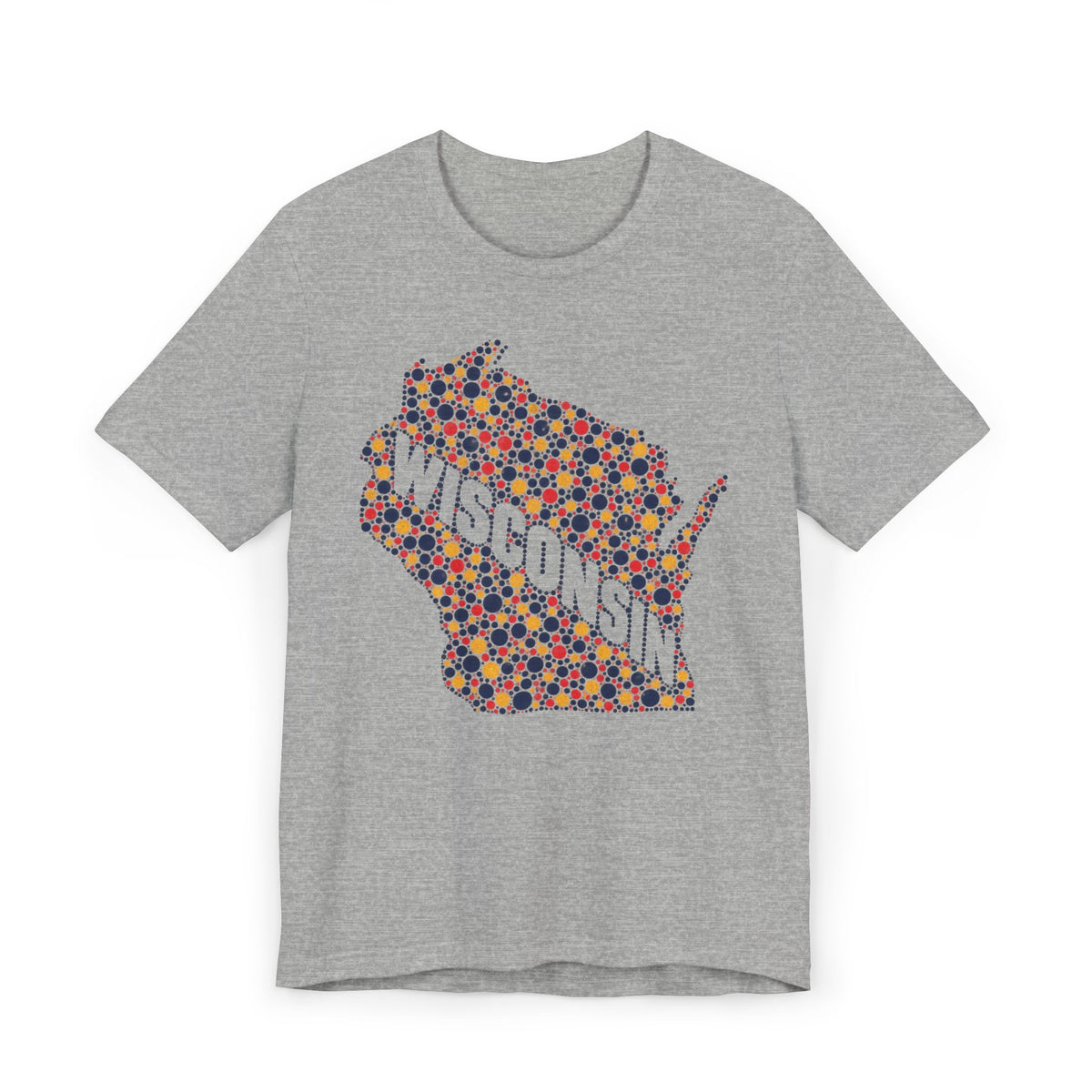 Heather gray Wisconsin map graphic t-shirt with colorful floral dot design