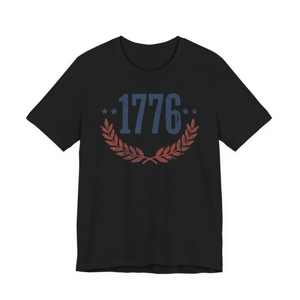 Black T-shirt with '1776' laurel wreath graphic and star accents