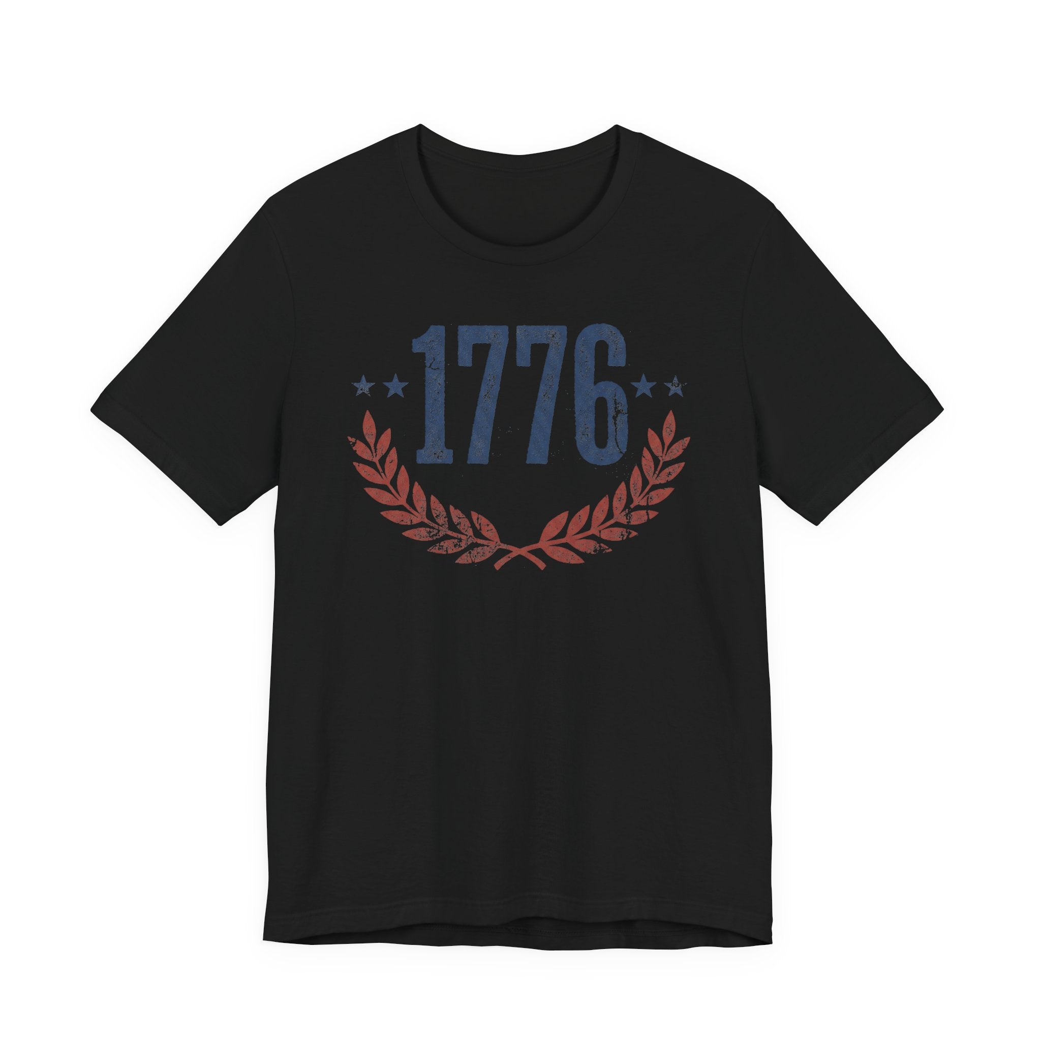 Black T-shirt with '1776' laurel wreath graphic and star accents