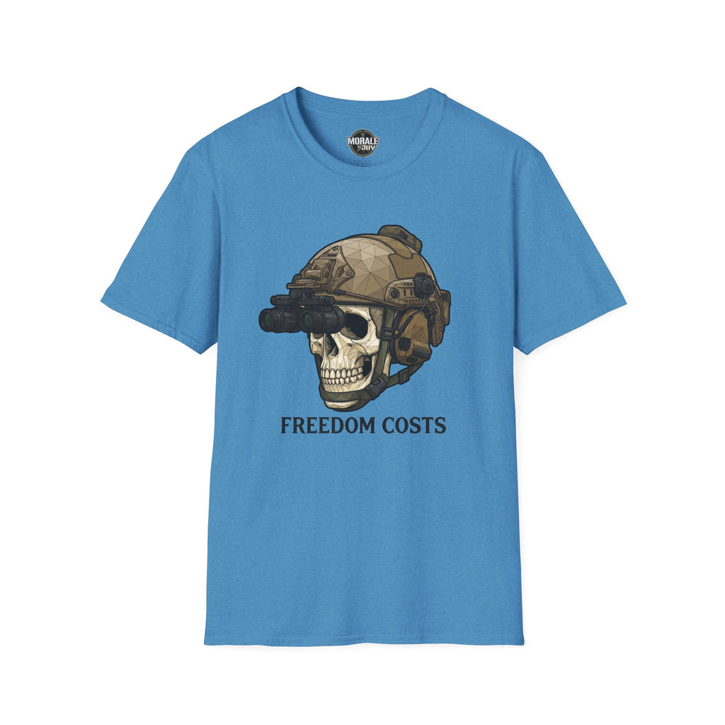 Freedom Costs skull tactical helmet graphic T-shirt, bright blue with NVG goggles