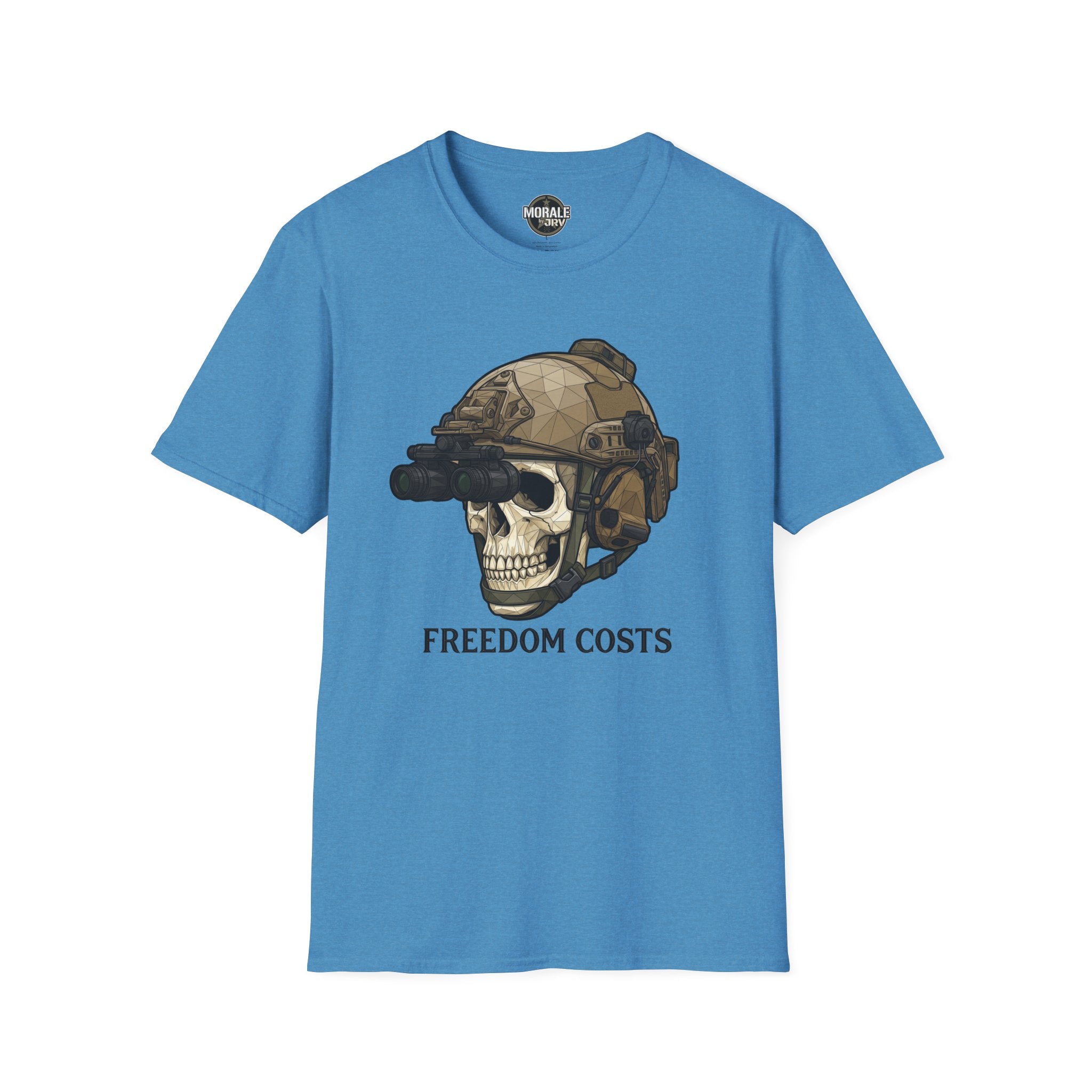 Freedom Costs skull tactical helmet graphic T-shirt, bright blue with NVG goggles