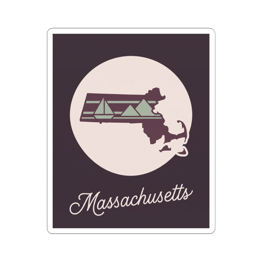 Kiss-cut Massachusetts decal sticker, dark background, state silhouette with mauve accents