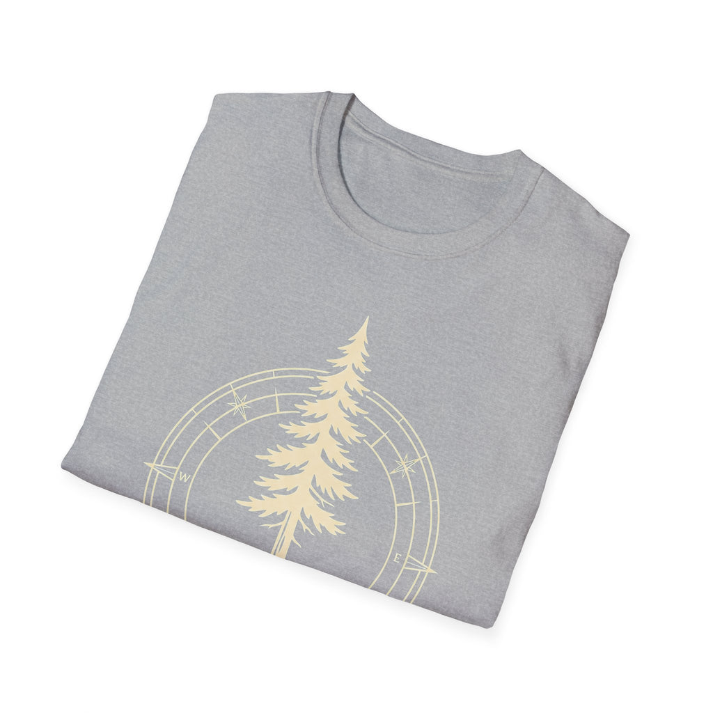 Sport grey T-shirt with pine tree compass graphic across chest