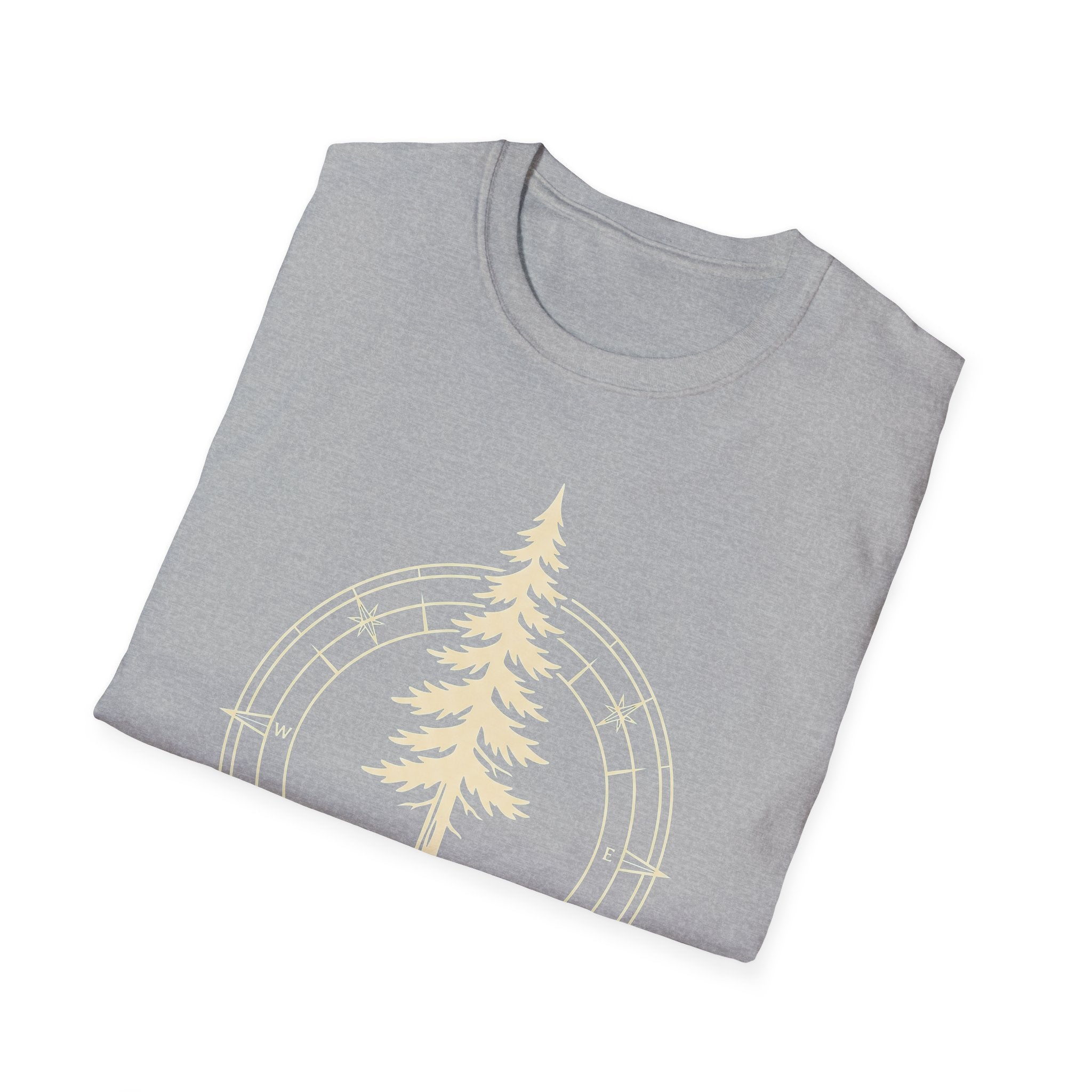 Sport grey T-shirt with pine tree compass graphic across chest