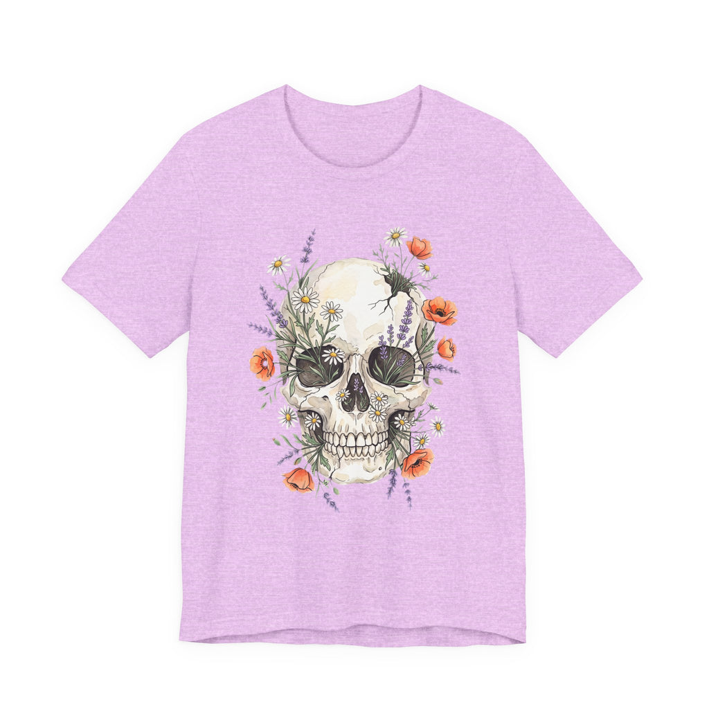 Mauve floral skull T-shirt with poppies and wildflowers botanical graphic front