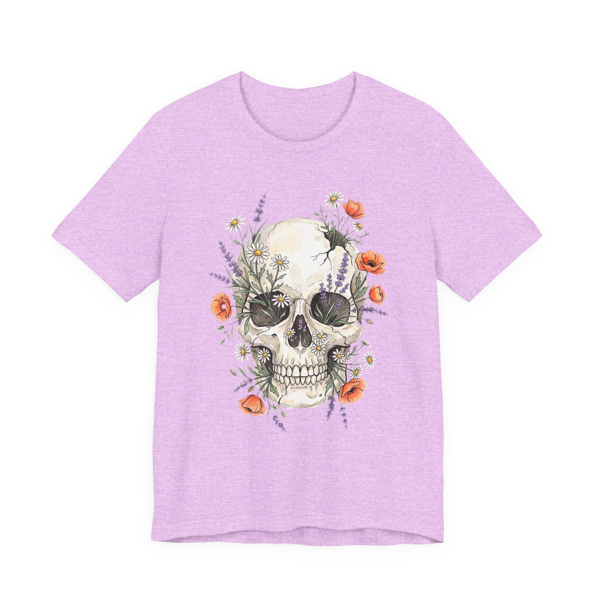 Mauve floral skull T-shirt with poppies and wildflowers botanical graphic front