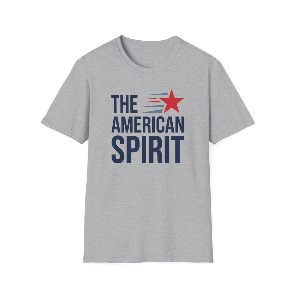 Gray crewneck T-shirt with 'THE AMERICAN SPIRIT' graphic and red star